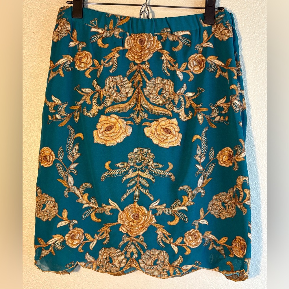 Yoana Baraschi Teal Pencil Skirt with Gold Floral Embroidery
